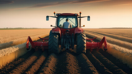 Fototapeta premium Harvesting wheat fields with tractor rural landscape agriculture photography sunset view