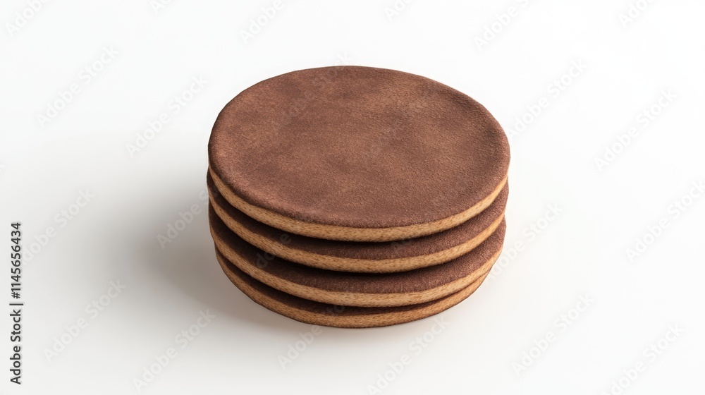 Poster stack of round brown wafers neatly arranged on a clean white background showcasing their texture and