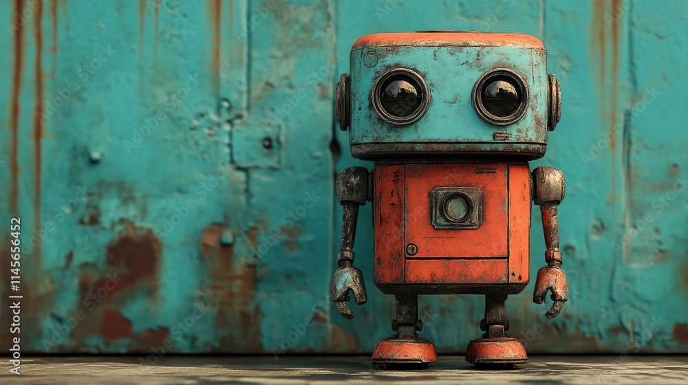 Poster artistic minimalist design showcasing a vintage toy robot against a textured backdrop with vibrant c
