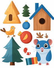 Cute Winter Animals & Holiday Objects Illustration, for kids' books or cards.