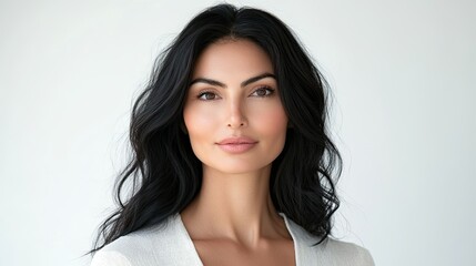 Naklejka premium A striking woman with silky raven-black hair styled in smooth voluminous layers The light catches the sheen of her flawless lock perfectly complementing the white background for a modern and chic look