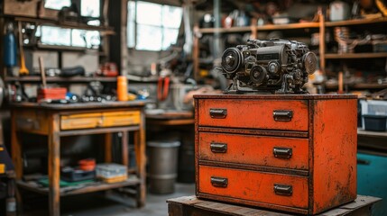 Fototapeta premium mechanics repair engine concept A vintage workshop featuring an orange drawer unit with an engine atop, surrounded by tools and equipment.