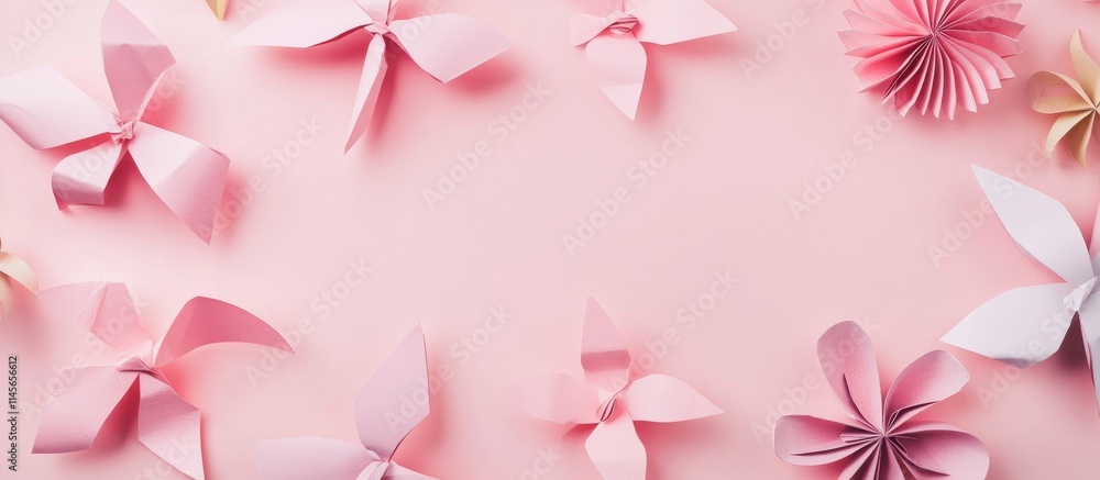 Poster paper windmills and flowers arranged on a soft pink backdrop creating a decorative frame for postcar