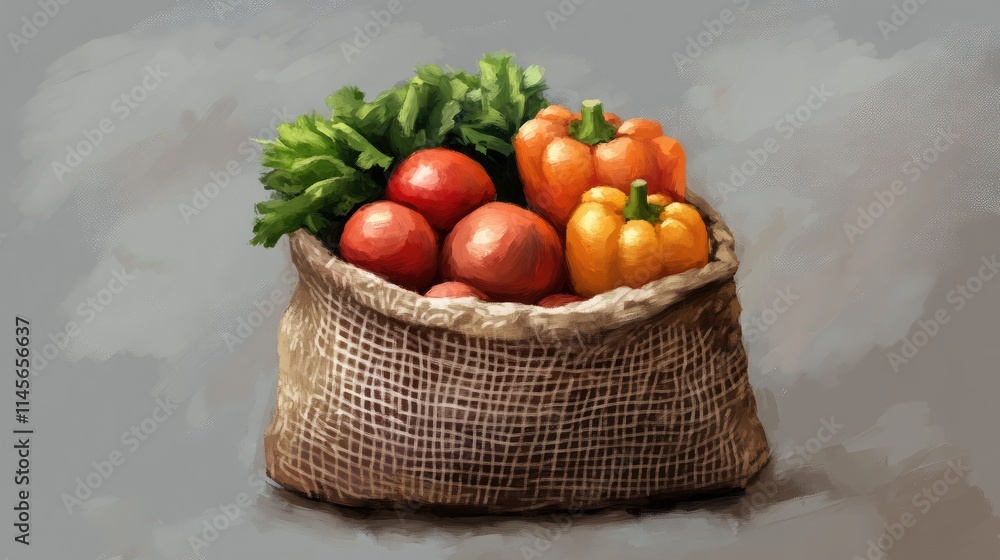Poster fresh vegetables in a rustic mesh sack showcasing vibrant colors against a soft gray background idea