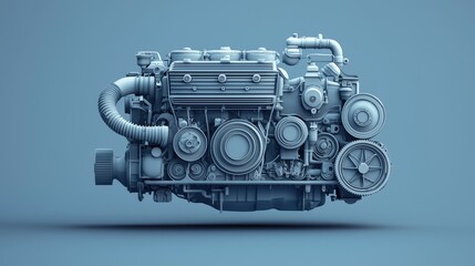mechanics repair engine concept Engine design rendered in 3D with intricate details on a blue background.