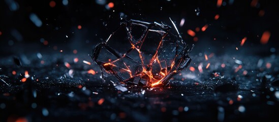 Close up of shattered smartphone glass with glowing embers conveying the concept of disruption and technology breakdown in a dark setting