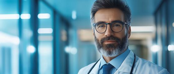 Fototapeta premium Norovirus outbreak concept and health themes, Professional male doctor with glasses and a beard, standing confidently in a modern medical environment.