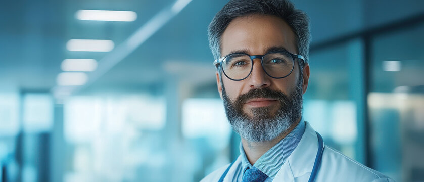 Norovirus outbreak concept and health themes, Professional male doctor in a lab coat smiles confidently in a modern medical environment.