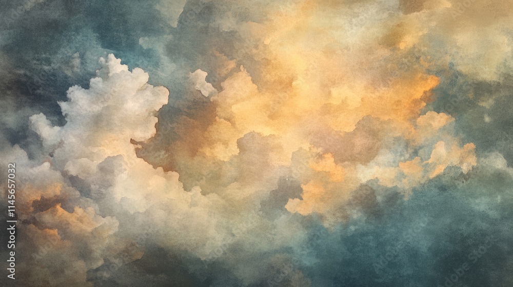 Poster watercolor clouds in soft hues creating a tranquil sky background with a dreamy and blurred texture 