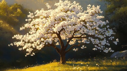 Blossoming tree illuminated by evening sunlight in a serene natural landscape with lush greenery and soft shadows