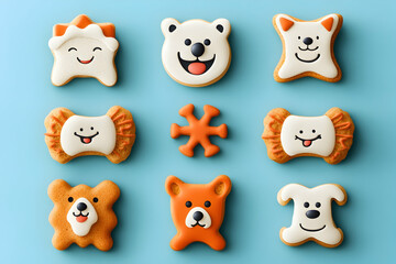 Obraz premium Festive animal cookies arranged on blue background, overhead shot, for baking blogs or holiday recipes.