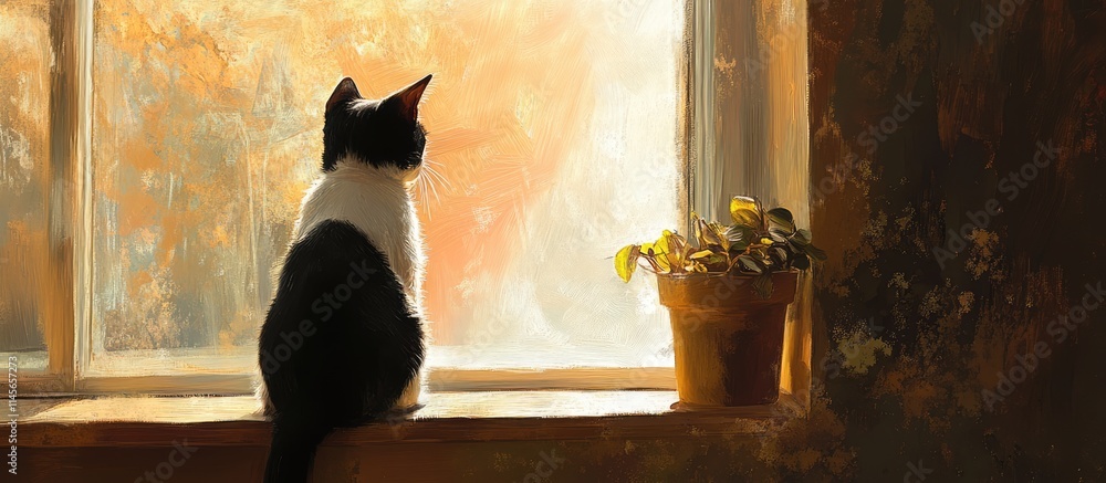 Poster black and white cat gazing out a sunlit window surrounded by warm tones creating a serene and comfor