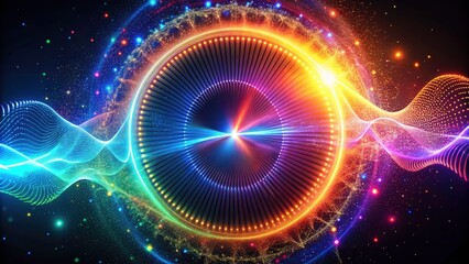 Obraz premium 3D Rendered Digital Sound Waves: Abstract Pulse Circle Waveform, Particle Effects, Dark Background