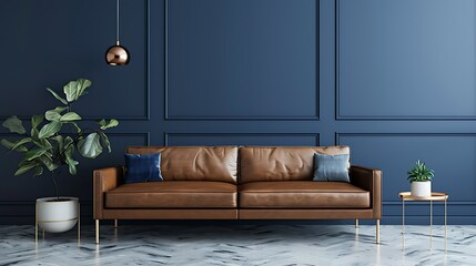 Brown leather sofa in a navy blue room with marble floor, plants, and gold accents.