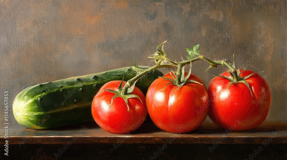 Poster fresh vine-ripened tomatoes and cucumber arranged on a rustic wooden table with a textured backgroun