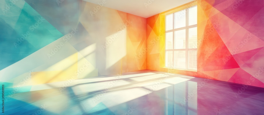 Poster minimalist empty room with large windows showcasing bright light and colorful reflections ideal for 