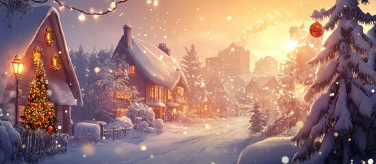 Obraz premium Winter wonderland scene featuring a cozy village, festive decorations, and a serene snowfall for Christmas and New Year celebrations
