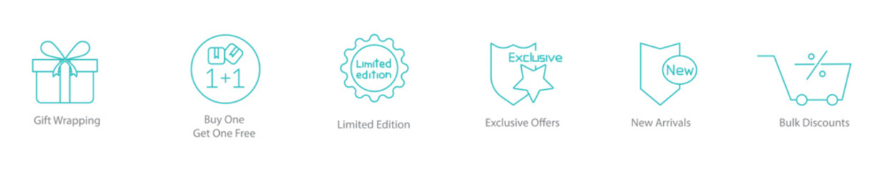 Gift Wrapping, Buy 1 Get 1 Free, Limited Edition, Exclusive Offers, New Arrivals, Bulk Discounts Icon Set
