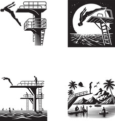 Silhouette of Divers on Diving Boards - Adobe Stock Vector Illustration