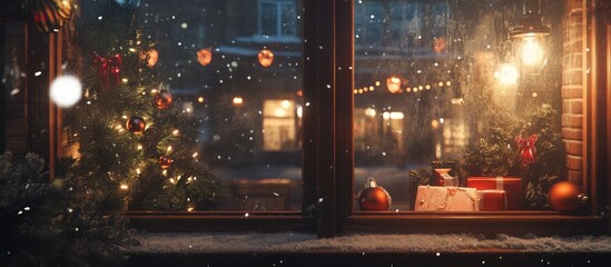 Obraz premium Festive window view decorated for Christmas capturing the enchanting spirit of the holiday season with snow and warm lights