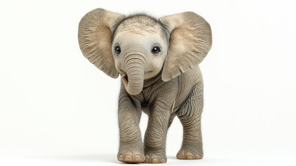 Adorable baby elephant calf standing, isolated on white.