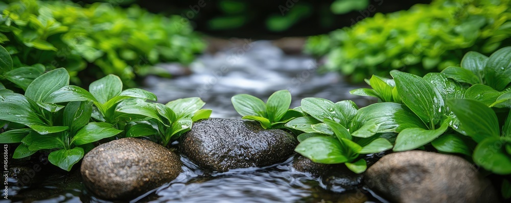 Poster macro natural idea. a serene stream surrounded by lush green plants and smooth stones creating tranq