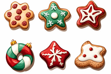 Festive Christmas cookies, star and ring shapes,  isolated on white, for holiday baking recipe or card design.