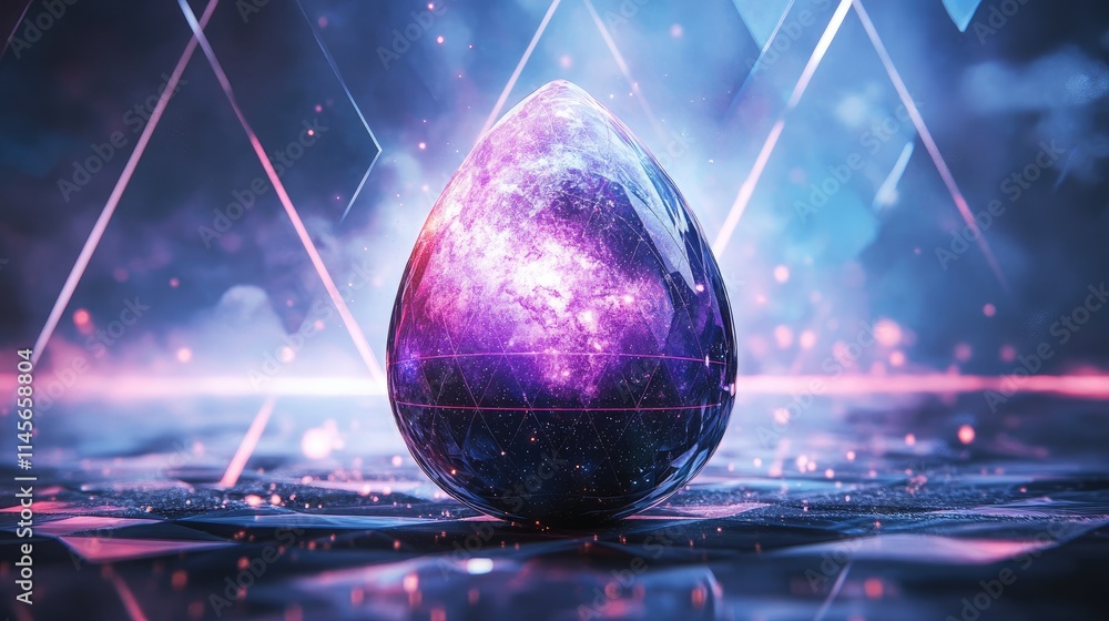 Poster cosmic dragon egg with vibrant galaxy patterns set against a geometric triangle background creating 