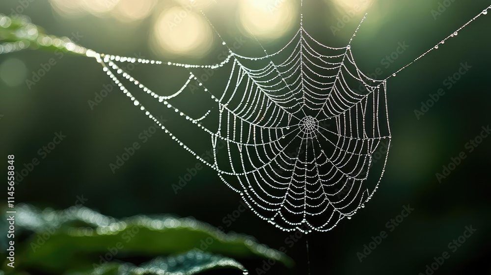 Poster macro natural idea. a close-up of a spider web adorned with dew drops in soft morning light.