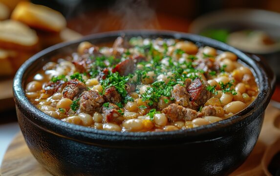 Moroccan Tajine, Slow-cooked meat in rich sauce, dark pot with lid, wooden table or counter, buffet setting or shared meal, warm ambiance, culinary content