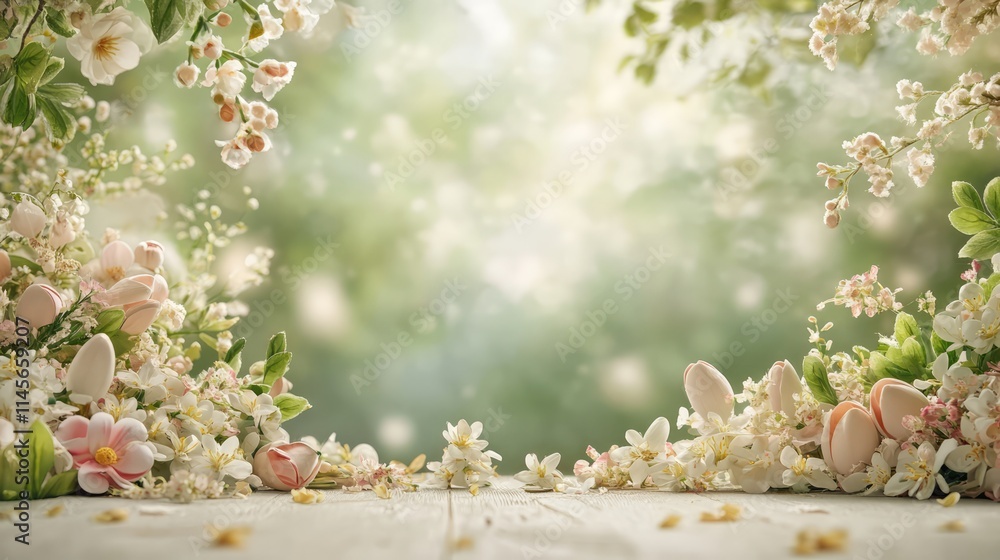 Poster springtime floral background with a rustic table surface and space for decoration and design element