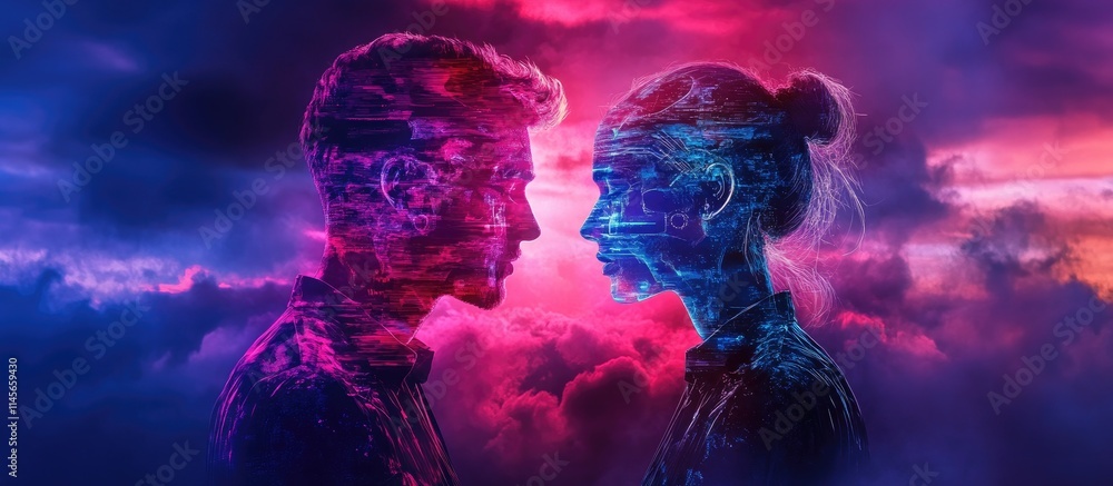 Poster double exposure of collaborative professionals creating holographic visuals representing innovation 