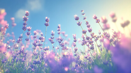 Lavender Field Dream: A field of lavender blooms stretches towards a vibrant blue sky, bathed in the warm glow of the setting sun. The soft, pastel colors evoke a sense of peace and tranquility.