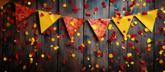 Colorful mini paper flags with yellow and red confetti on a rustic wooden background for festive celebrations and events decoration.