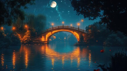 Obraz premium Serene night landscape featuring a illuminated old drawbridge over a tranquil river under a starry sky with a glowing moon