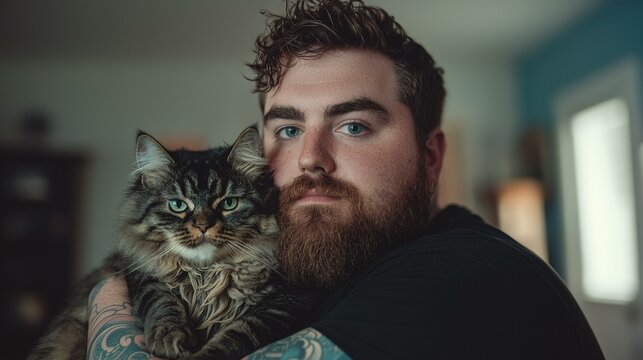 A man with tattoos hugs a large fluffy cat. AI.