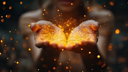 A person holds their hands up to magic light or glitter with bokeh, symbolizing spiritual mindfulness and wellness with mystical gold confetti.