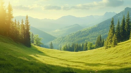 Obraz premium Sunlit Meadow Amidst Majestic Mountain Ranges