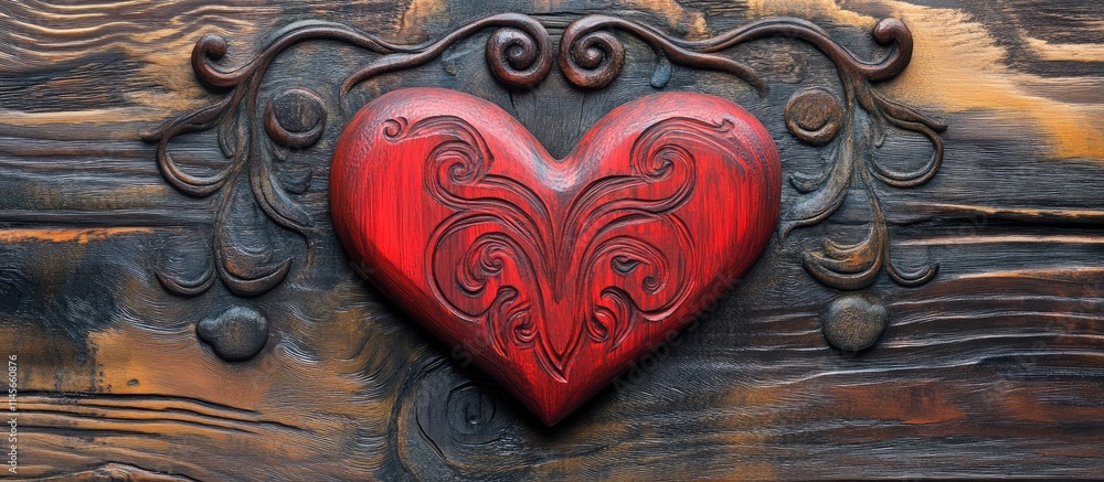 Poster decorative red wooden heart with intricate carvings mounted on a rustic wooden background creating a