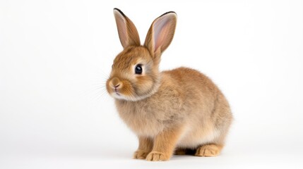 Fototapeta premium Adorable eight week old brown European rabbit sitting peacefully against a clean white background with curious gaze to the side.