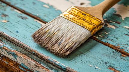 Fototapeta premium Brush resting on weathered wooden surface with peeling paint showing its texture and color diversity