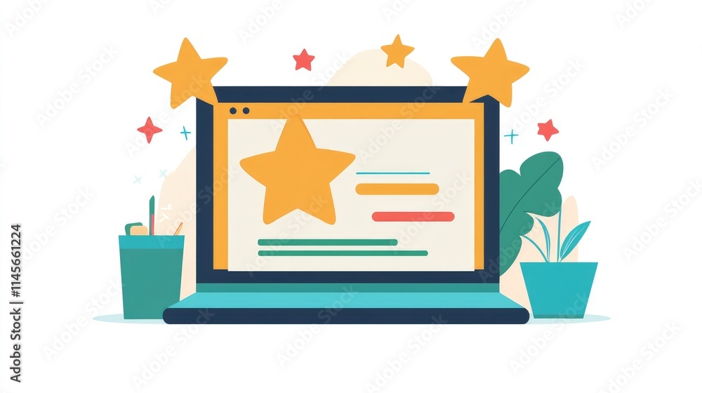 Poster customer feedback and rating system on laptop display with stars and greenery elements