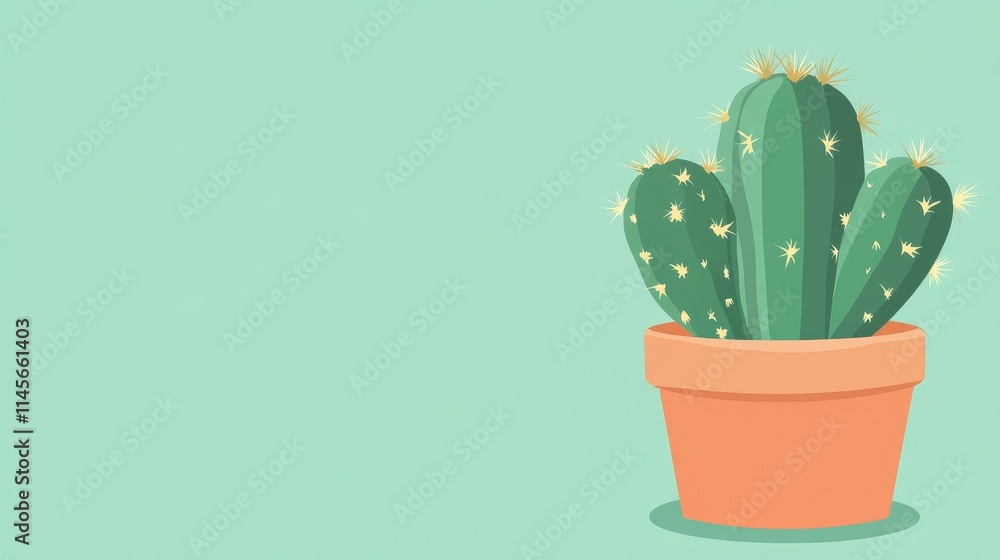 Poster cactus in terracotta pot on mint green background with ample space for text and design elements