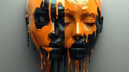 Artistic expression through melting faces created with black and orange paint showcasing a modern...