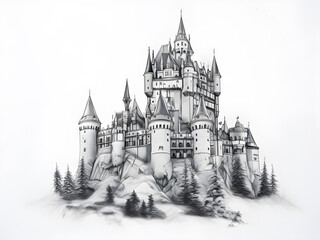 Obraz premium Black pencil sketch of a castle on a white background, ideal for architecture and fantasy art
