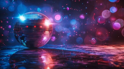 Colorful disco ball reflecting lights in a vibrant dance floor during a night party