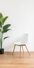 Modern chair with wooden legs and green plant in minimalist interior design style