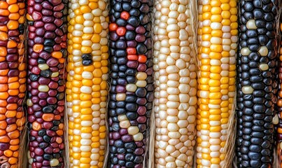 Colorful Indian corn cobs. AI.