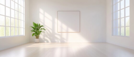 A large empty room with a white wall and a potted plant