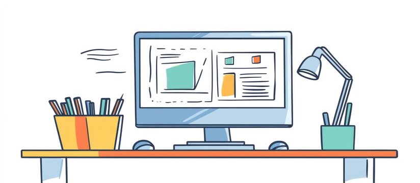 Modern workspace illustration showcasing a desktop computer with organized supplies promoting productivity and remote work efficiency.